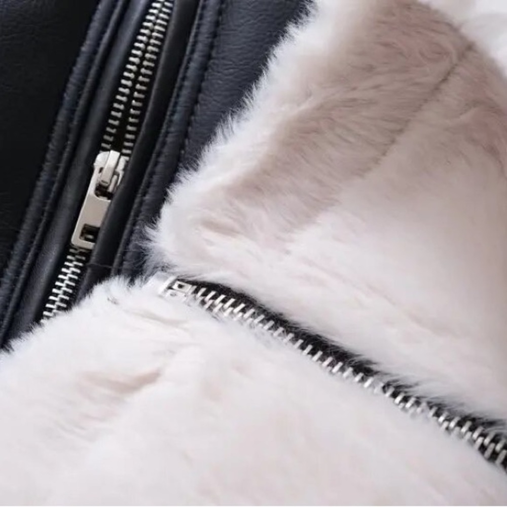 955. 🛑AT COST LAST 1! Black aviator moto jacket faux leather faux fur black coat - Picture 10 of 12